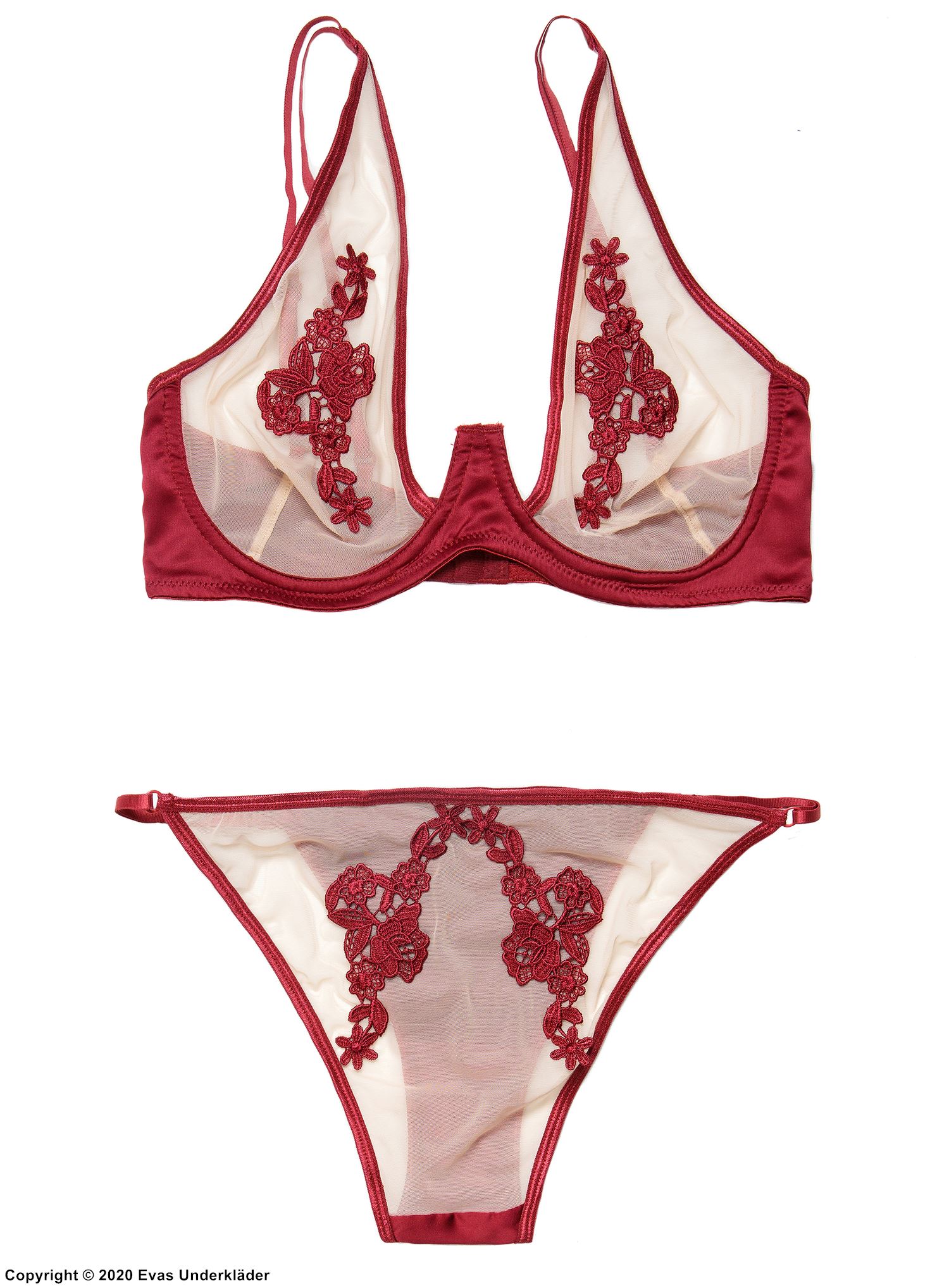 Romantic lingerie set, sheer nylon, satin inlay, lace application
